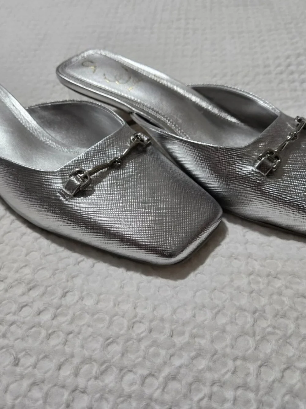 Sam Edelman Silver Metallic Square Toe Mule Heels Horsebit Block Heel Size 7 - Picture 9 of 10